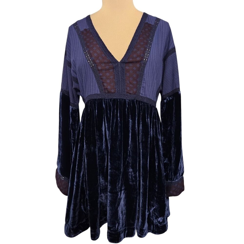 Free‎ People Blue Velvet Boho Tunic Dress Small Pockets Y2K Whimsigoth Vamp Lace